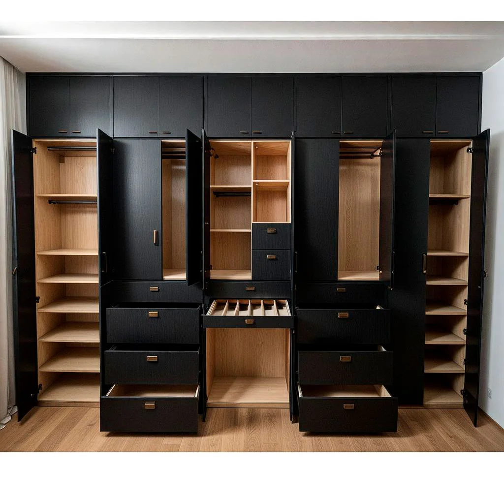 Ropero negro con interior de roble, puertas abiertas