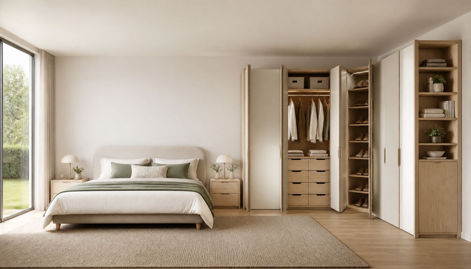 Dormitorio luminoso con ropero esquinero de roble claro
