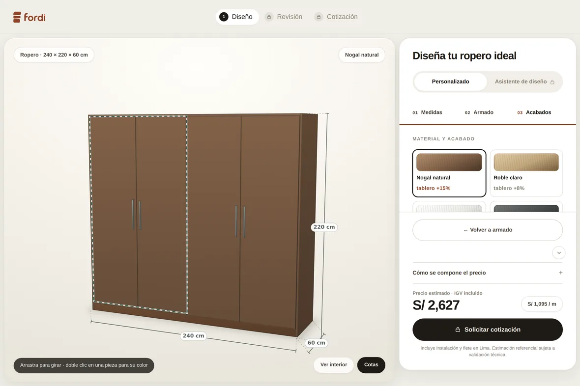 Paso 3 del configurador: acabados de tablero con su precio