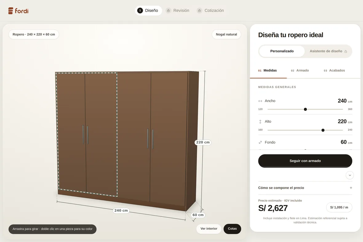 Paso 1 del configurador: ancho, alto y fondo con el ropero en 3D