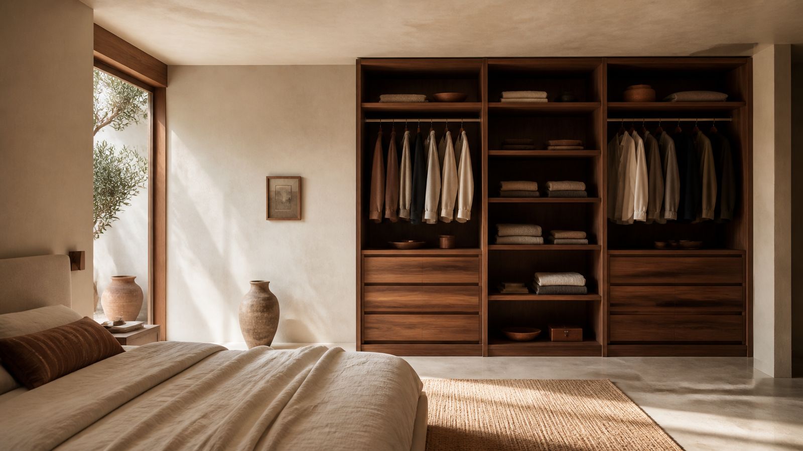 Dormitorio moderno con ropero lineal abierto de nogal